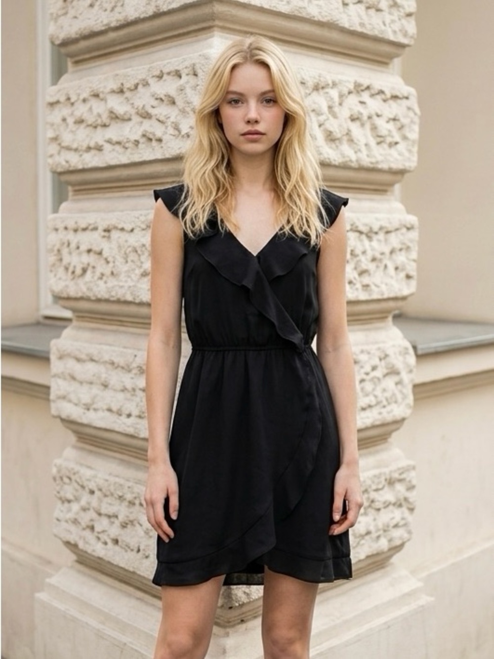 BCBGeneration Black Sleeveless Ruffle Dress with Pockets Medium BCBG